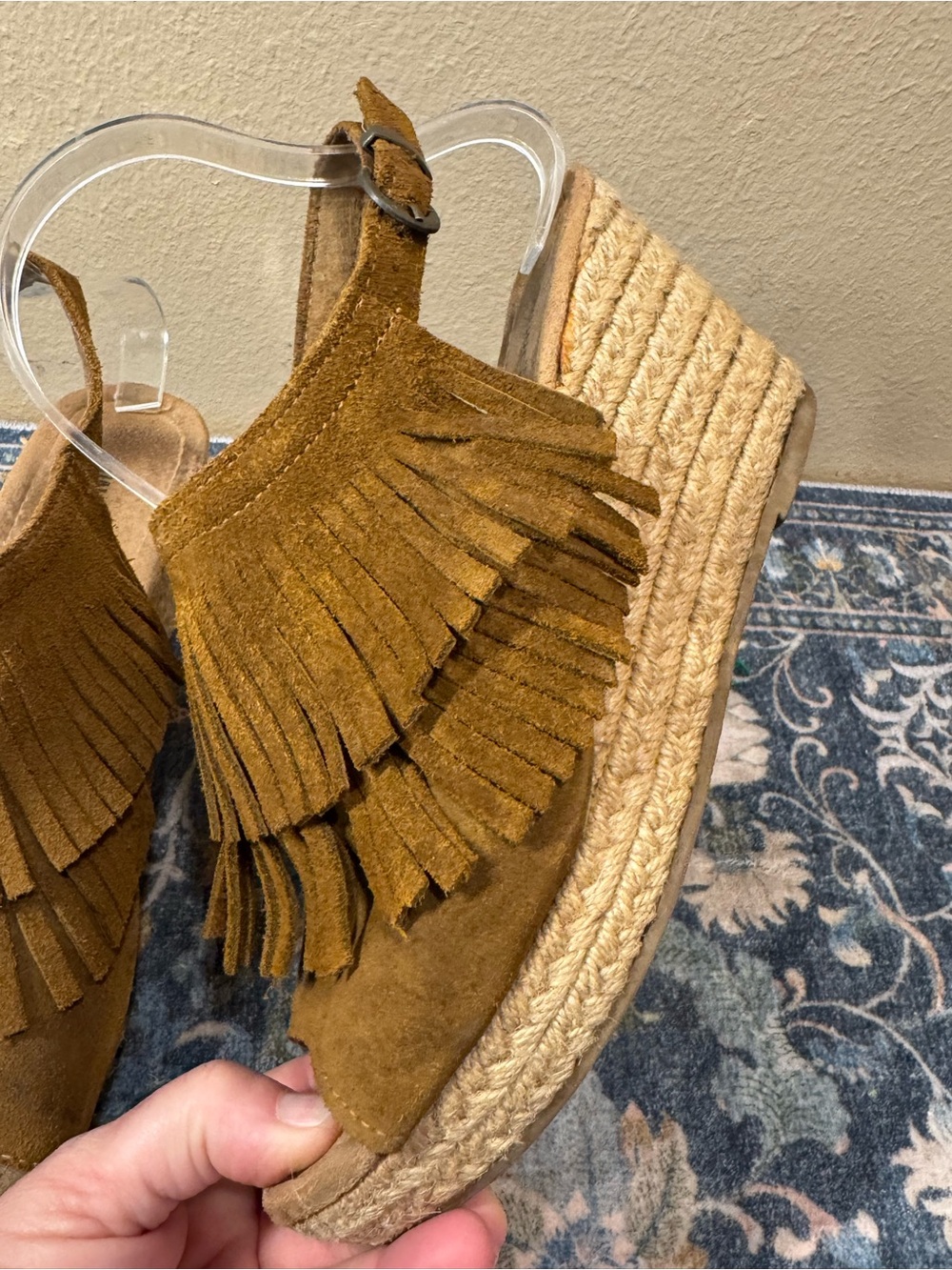 Minnetonka Suede Fringe Espadrille Wedges in Tan Brown